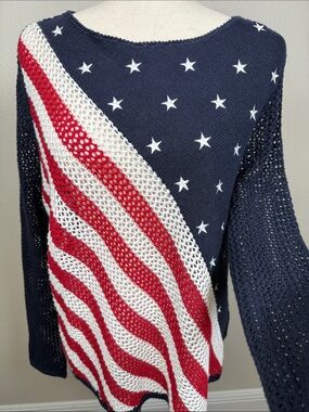American Flag Open Knit Mesh Sweater Top L Stars Stripes 4th of July Patriotic